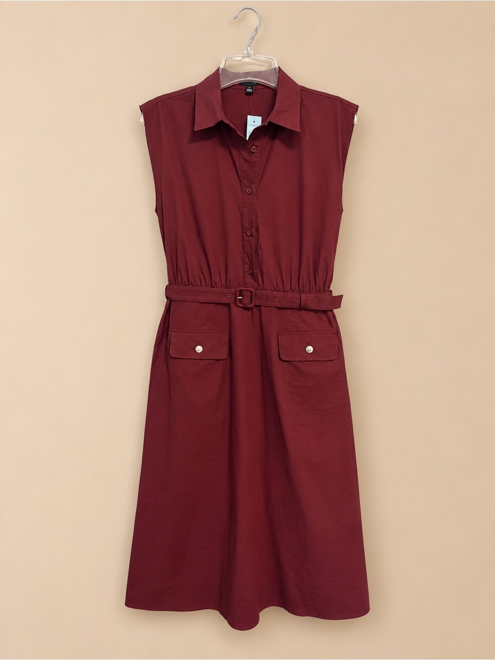 Ann Taylor Sleeveless Belted Shirt Dress in Burgundy
